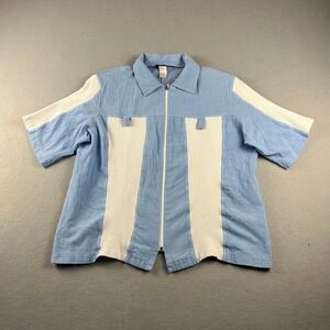 VTG‎ Highlights Zip Up Shirt Womens Large Blue White Ribbed Panel Shoulder Pads